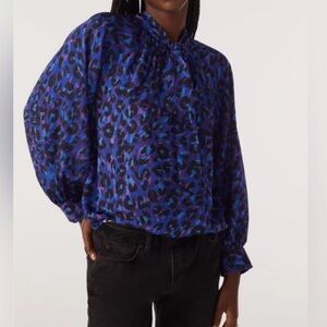 ba&sh Blue and Black Animal Print Blouse leopard size M bow tie